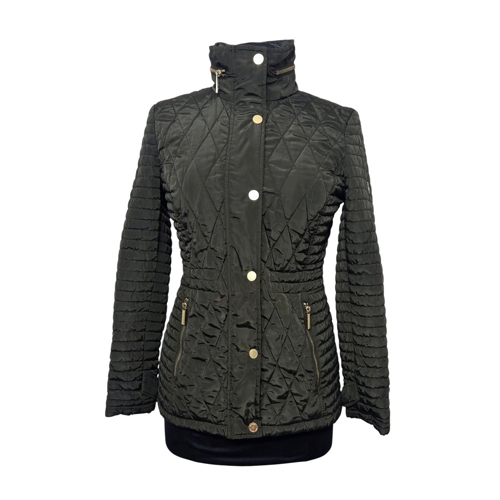 Michael Kors Quilted Moss Green Puffer Jacket Gold Hardware Hidden Hood Size PS